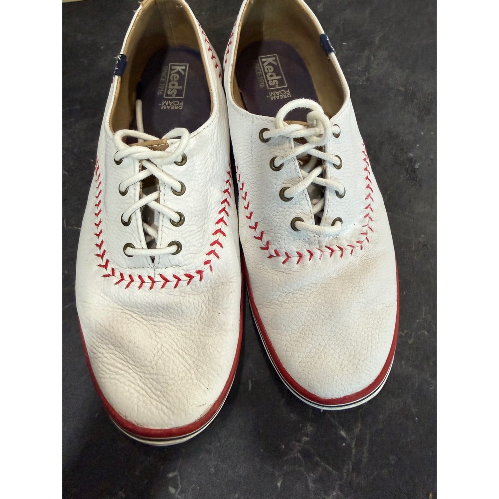 Keds Champion Baseball Leather Sneakers White Red Stitching‎ Womens Size 10